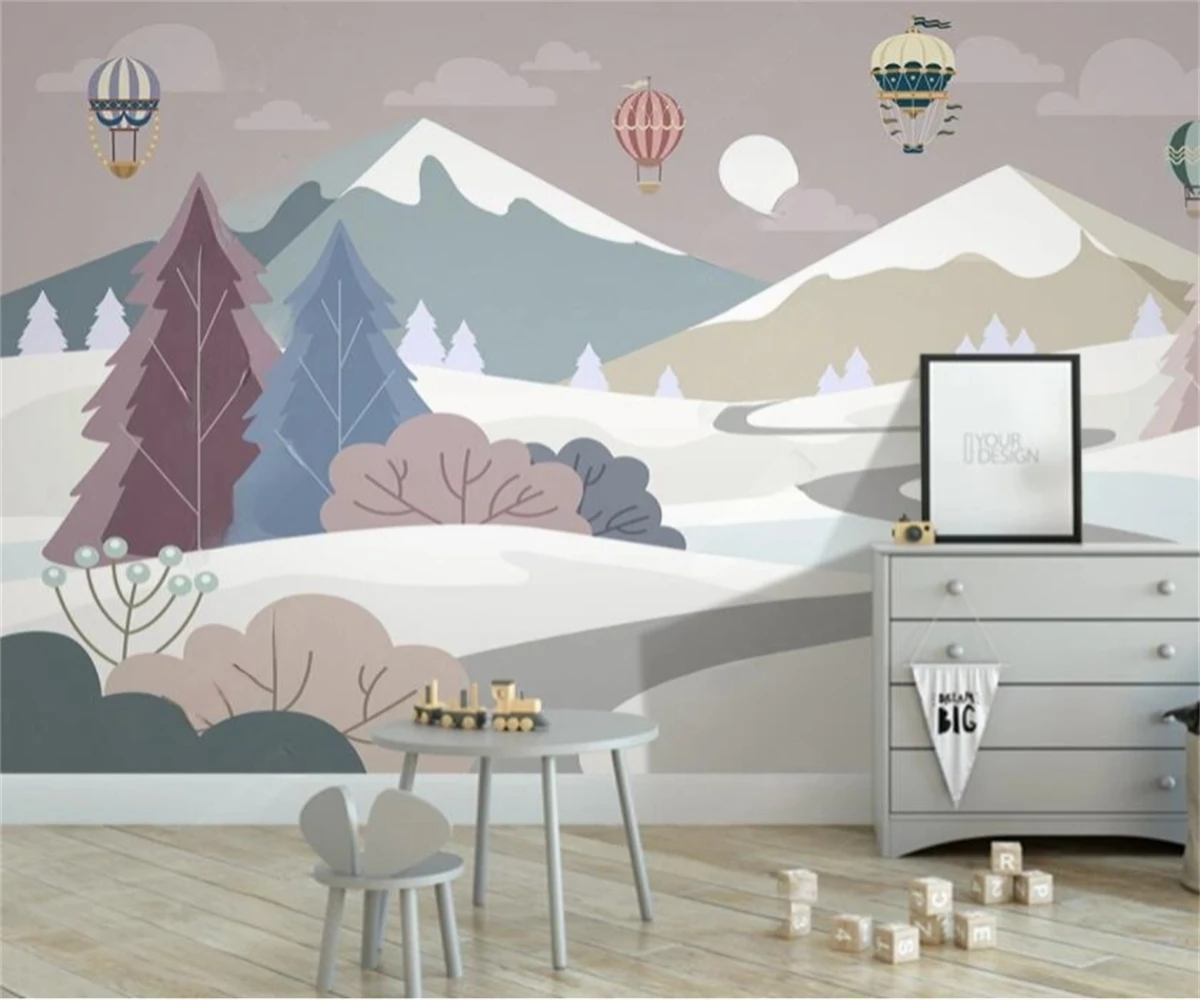 Custom wallpaper cartoon Snowy Mountain scenery balloon airplane children's room background wall painter house decoration murals