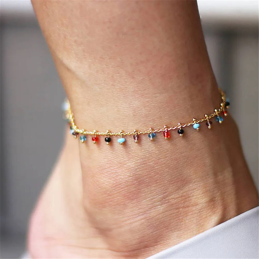 Fashion Trendy Foot Jewelry Colorful Crystal Rhinestone Drop Anklet Summer Barefoot Ankle Leg Bracelets Gift for Women Girl