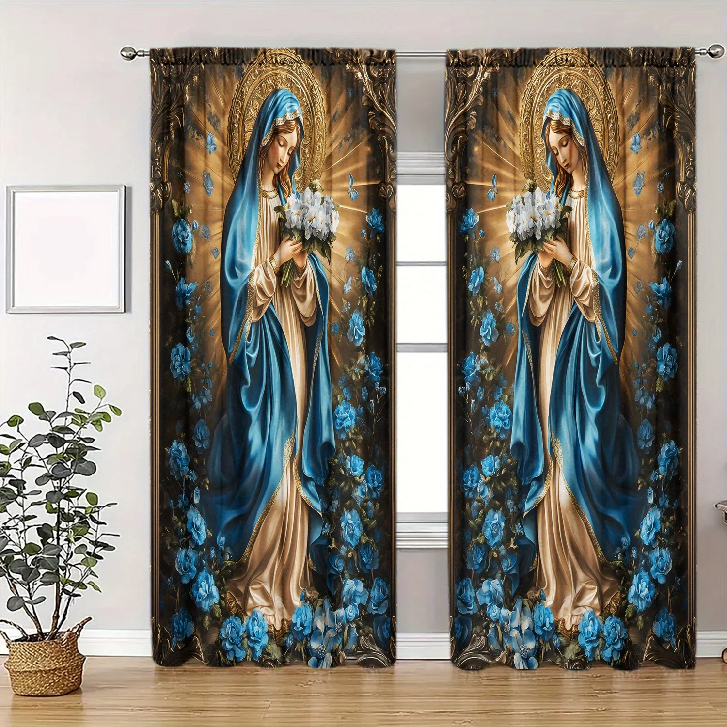 Elegant Religious Curtains Pair Catholic Mary Floral Baroque Drapes Window Treatment Panel Home Decor Luxurious Blue Gold Christ
