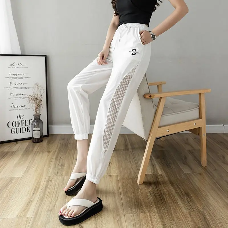 

Spring Autumn Gauze Hollow Out Drawstring Solid Color Pockets Elastic High Waisted Letter Women's Clothing Casual Fashion Pants