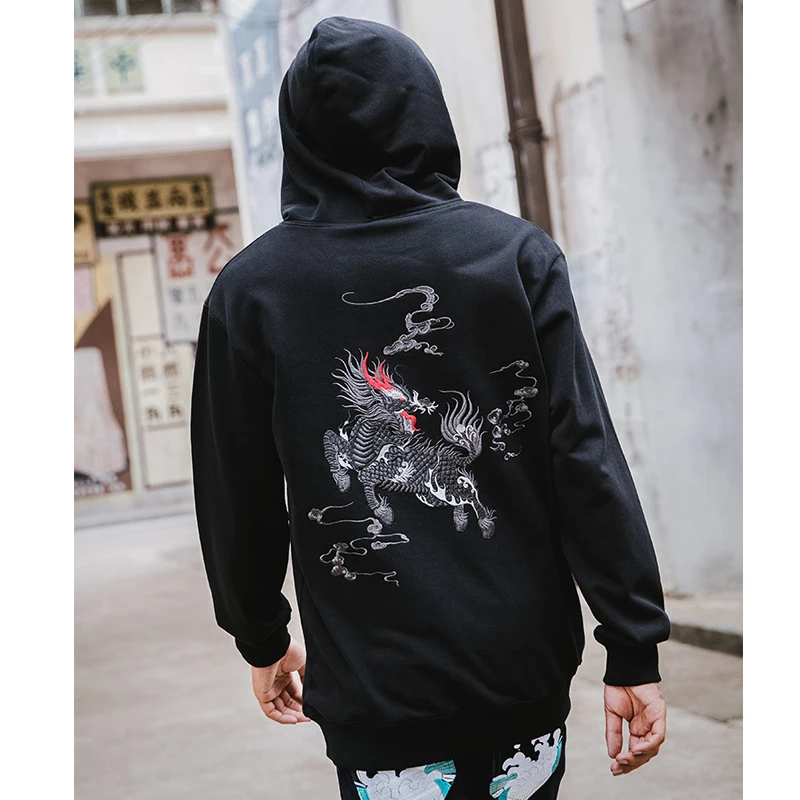 2023 Autumn Hip Hop Hoodie Men Women Kirin Embroidered Couple Sweatshirt HipHop Streetwear Hoodies Cotton Black Y2K Clothing