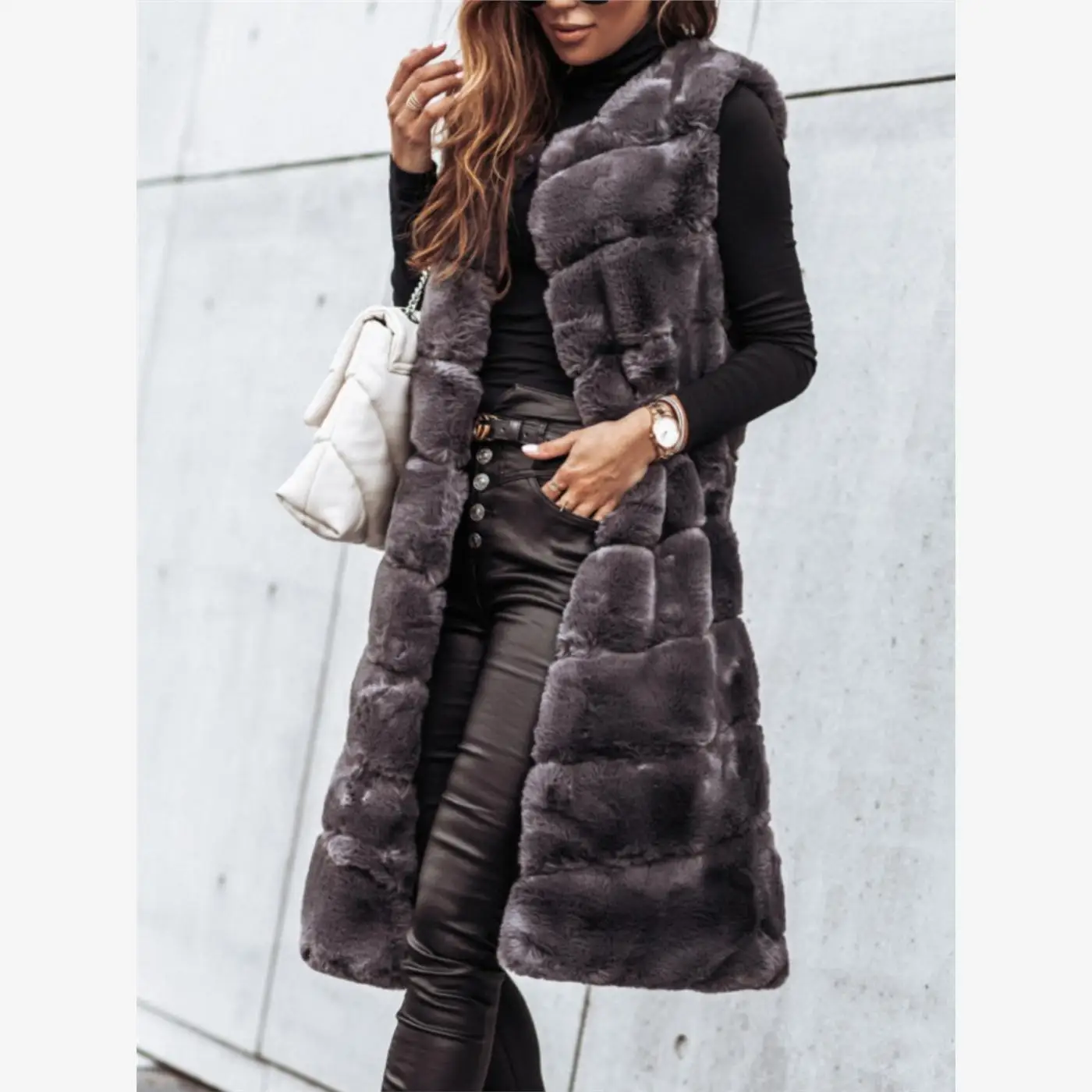 Winter Women's Sleeveless Vest Buttonless Medium-Length Faux Fur Cardigan Soft Leather Backless Outerwear Street Style