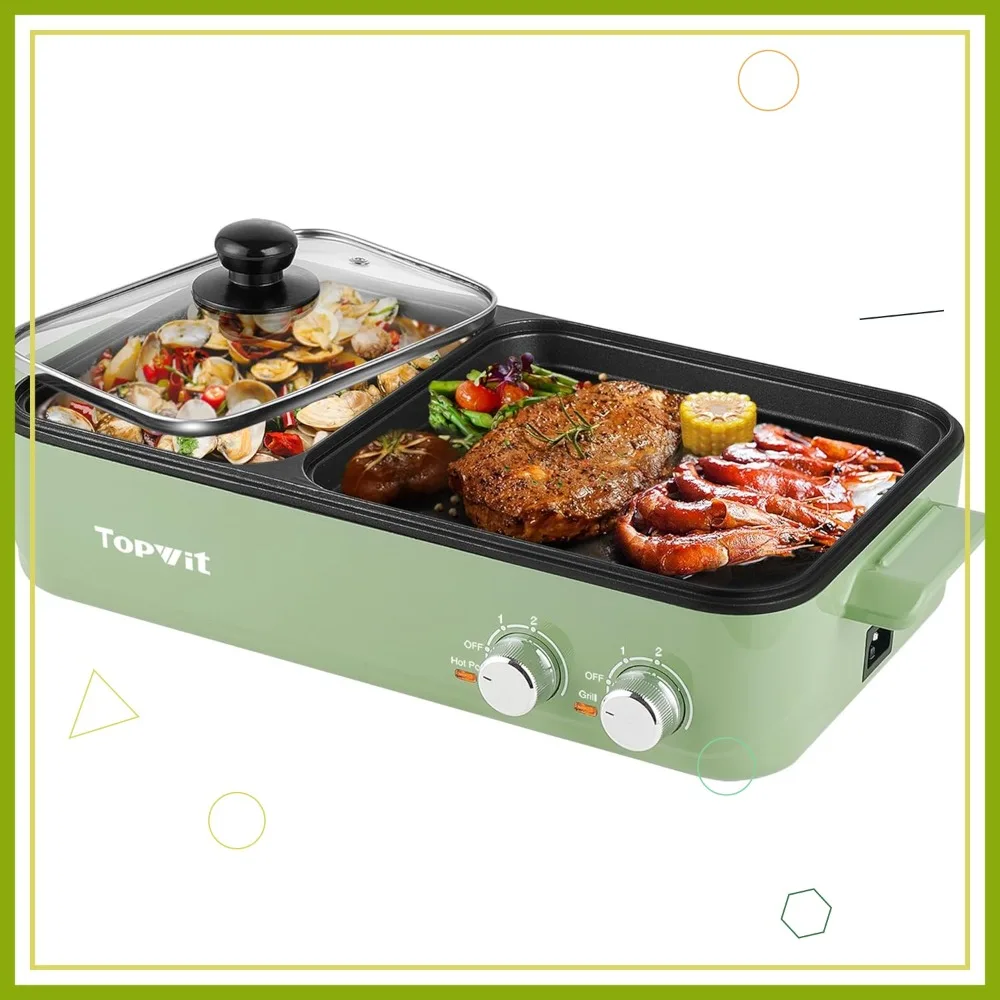 

Электрическая плита-гриль 2-в-1, с антипригарным покрытием, двойным контролем температуры для барбекю, шабу-шабу, стейков, лапши, быстрый нагрев