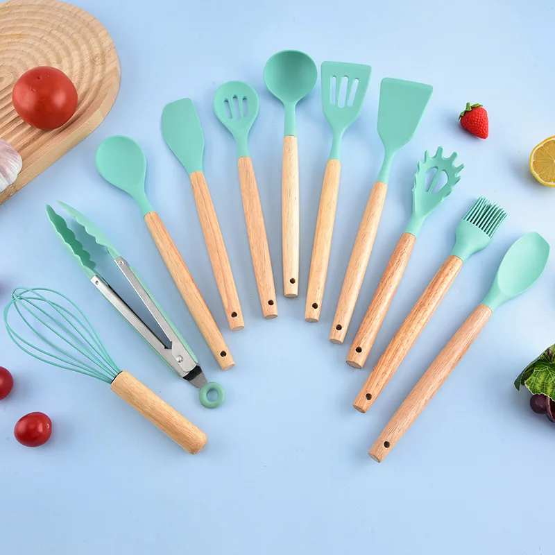 12pc Food-Grade Silicone Kitchen Set, Wooden Handles, Non-Stick, 240°C Safe