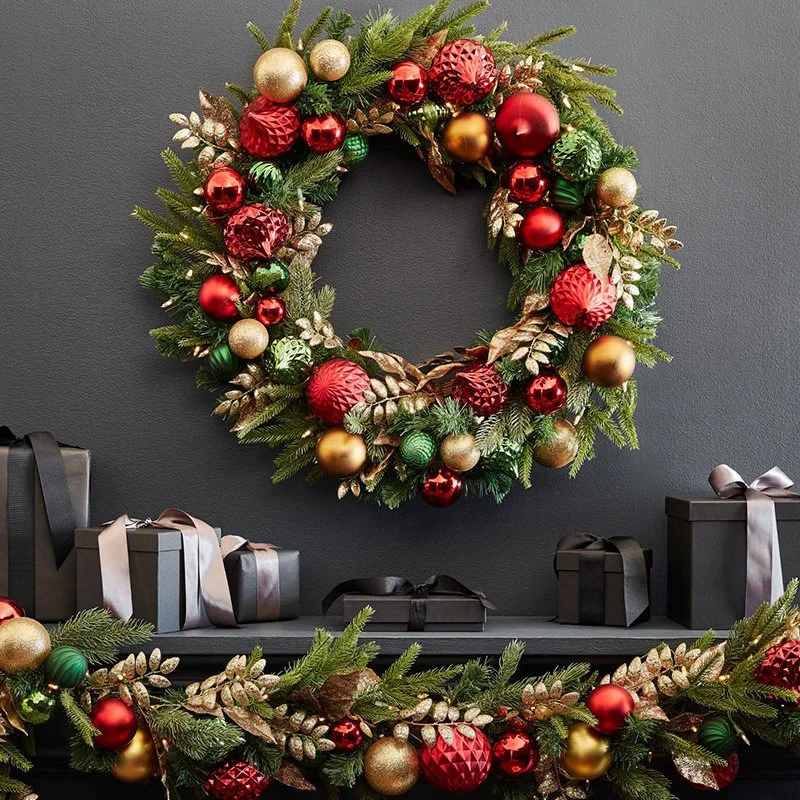 Christmas Wreath 50cm & 2.7m Garland with Ball Ornaments, Pine Cone Artificial Greenery, Front Door Wall Hanging Holiday Decor