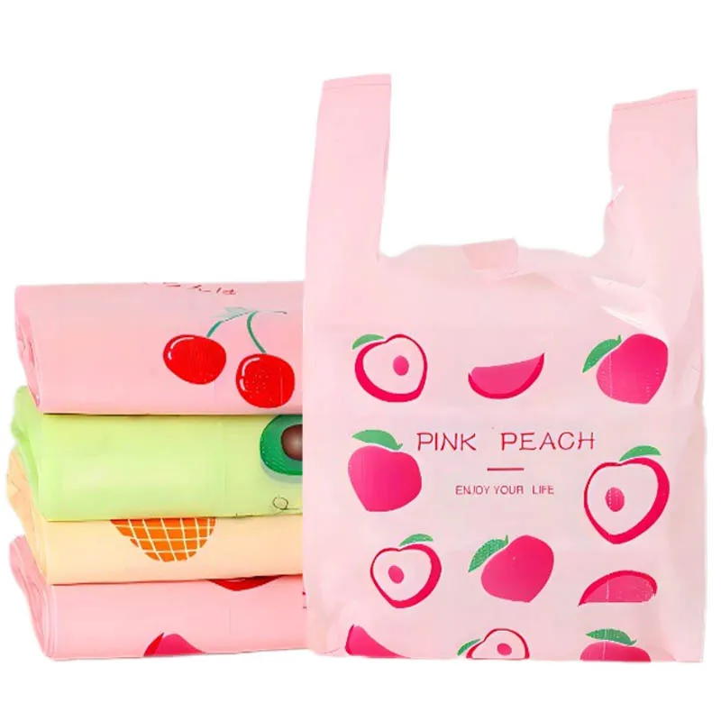 50Pcs Cartoon Fruit Plastic Bag Portable Food Packaging Bags With Handle Supermarket Shopping Bags Kitchen Storage Organizers