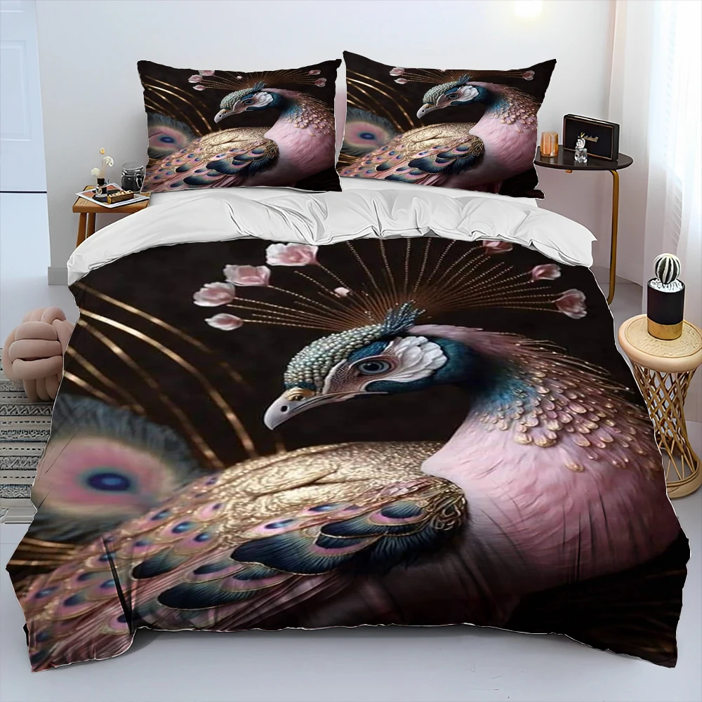 Zestaw pościeli 3D Peacock Bird Animal Cartoon Comforter, poszwa na kołdrę, poszewka na poduszkę, zestaw pościeli Queen dla dorosłych i dzieci