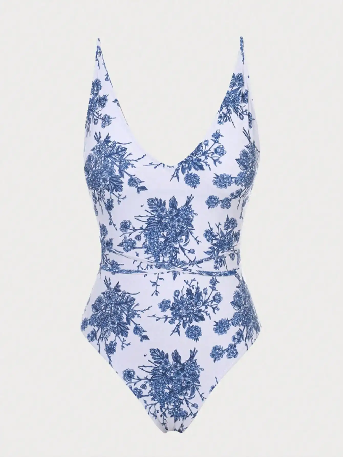 2025 신상 유럽 및 미국 수출 원피스 비키니, 블루 앤 화이트 프린트 로우컷 V넥 타이트 섹시 수영복, 중국풍