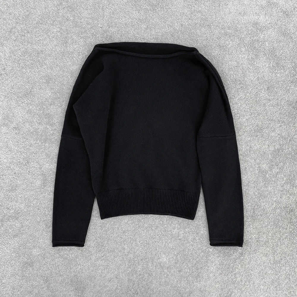 

Женский пуловер из 100% шерсти, свитер в рубчик с открытыми плечами, минималистичный вязаный топ с длинными рукавами, зима 202, Новое поступление Y2K