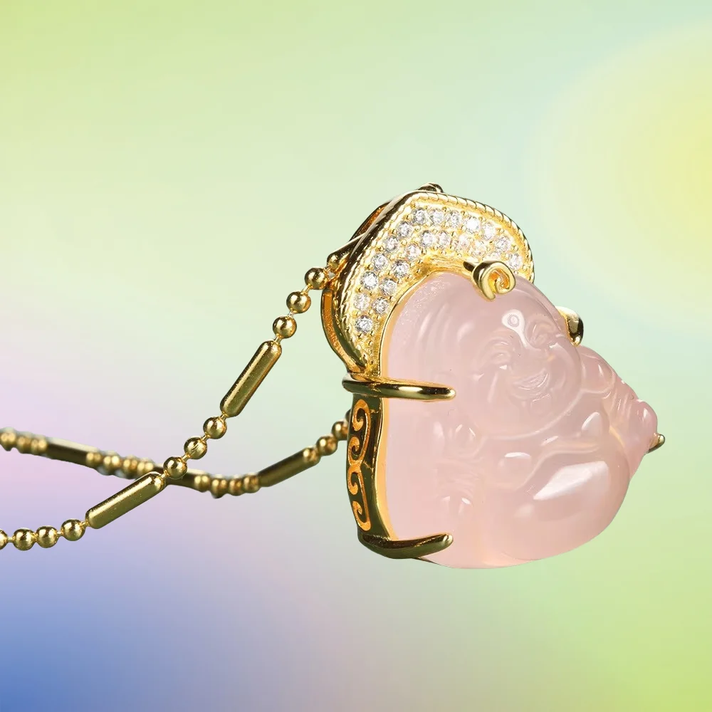 

New Xiaohongshu S925 Sterling Silver Pink Buddha Gong Necklace Women's Simple Clavicle Chain Full Diamond Crystal Pendant
