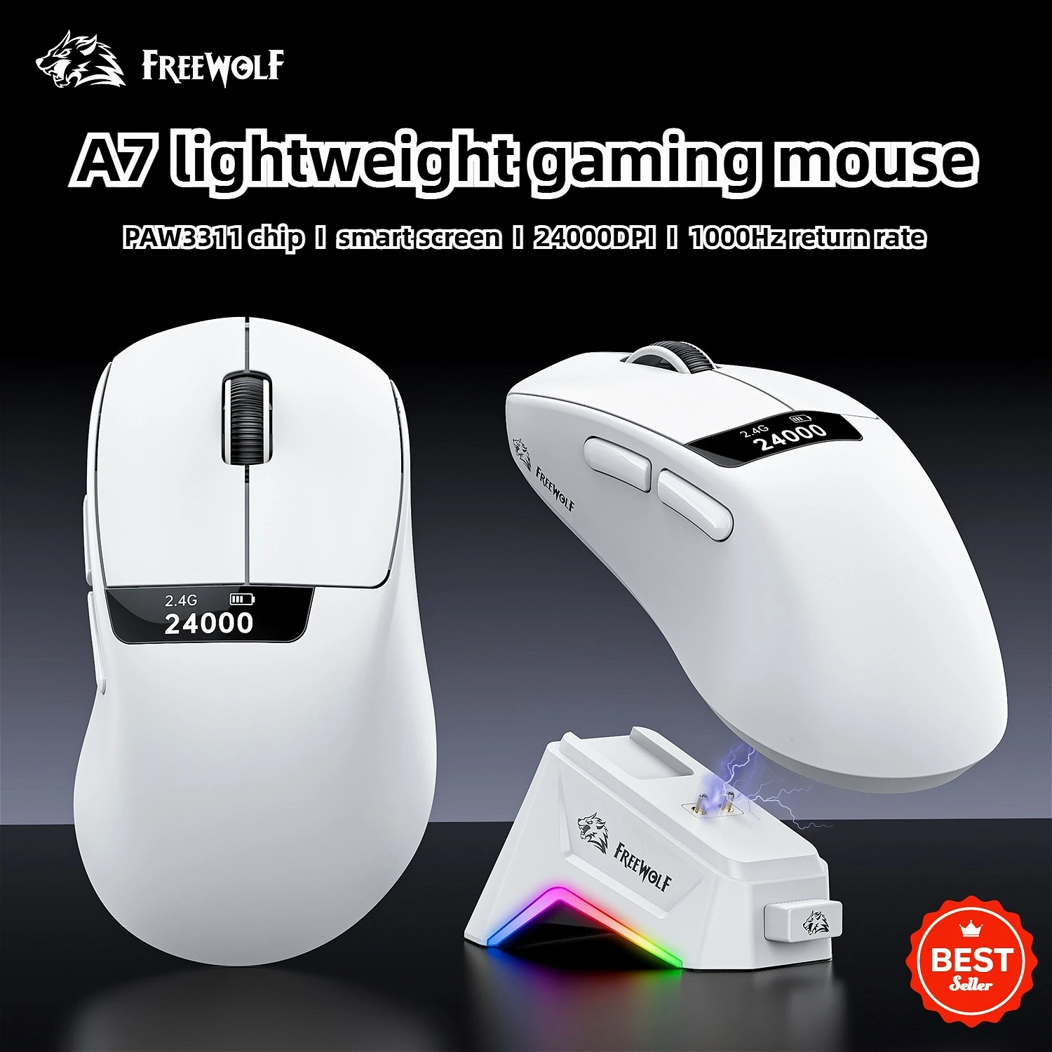 

FREEWOLF A7 Lightweight Wireless Game Mouse Screen-equipped RGB Charging Base Tri-mode PAW3311 24000DPI Mouse for Game/Office