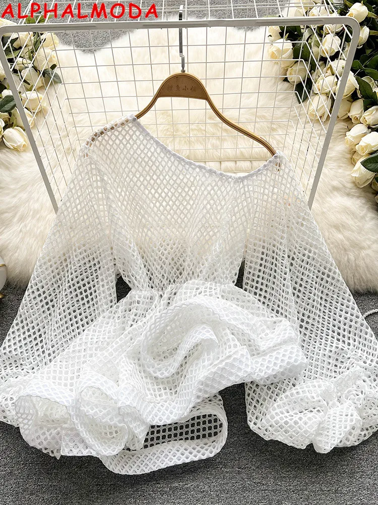 

ALPHALMODA 2022 Summer Fashion Mesh Blouses Oblique shoulder Bubble Sleeve Flounce Ladies Chic Blouses Outfit