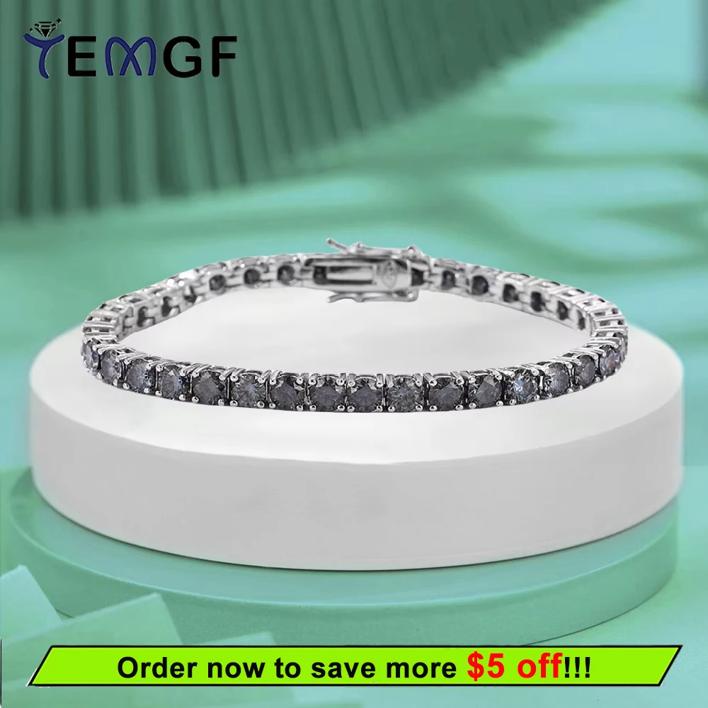 

TEMGF Full Gray Moissanite Tennis Bracelets GRA Certified S925 Sterling Silver Fine Jewelry for Women Men Hip Hop Fashion Item