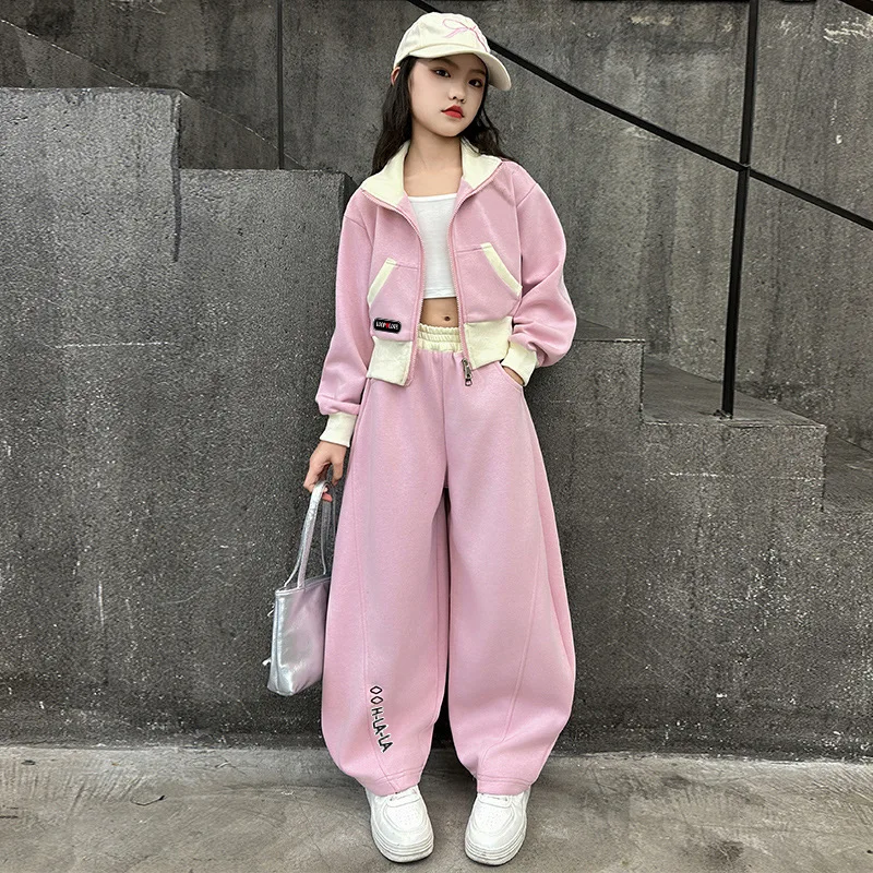 Spring Autumn New Sports Girls Clothing Set Patchwork Zipper Coat+Pants 2Pcs Suit For 5-14 Years Teen Kids Leisure Outfit