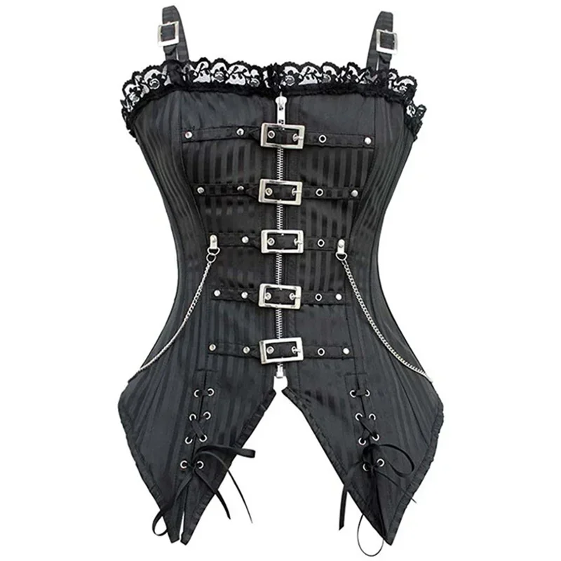 Sexy Women Gothic Corset & Bustier Striped Zip Buckled Steampunk Overbust Corselet Top Vest Punk Rock Style Clothes