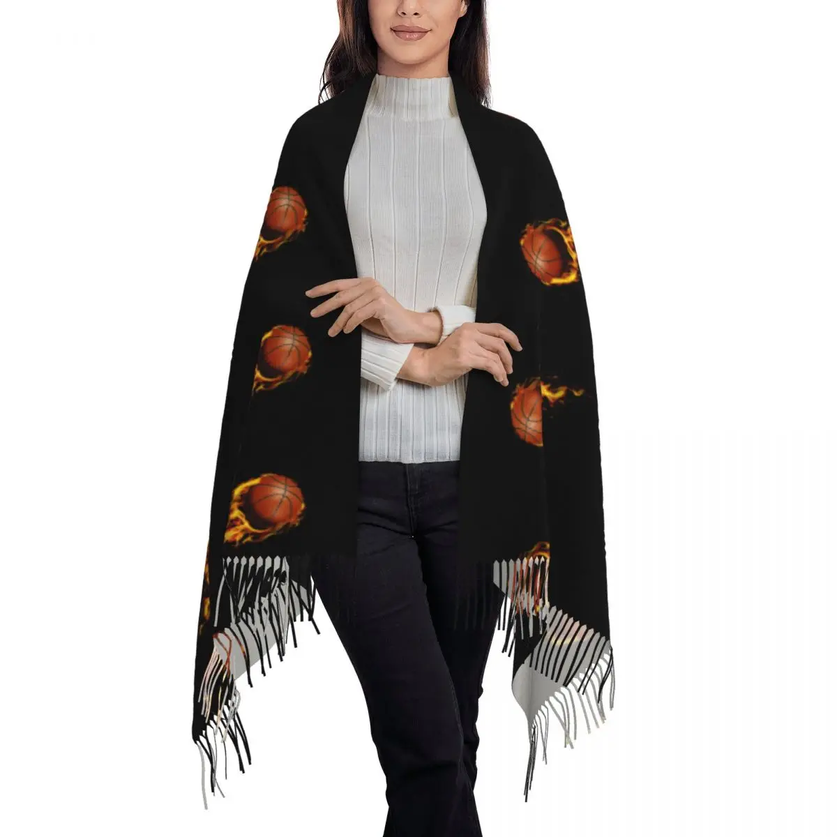 Burning Basketball Ball Scarf Tassel Scarves for Women Soft Warm Shawls and Wraps Large Fall Winter Shawl Wrap