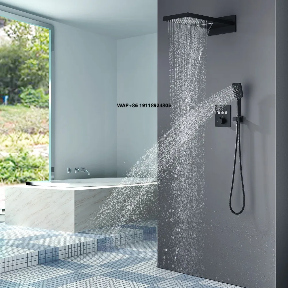 Modern Shower Faucet 22 INCH 3 Functions Black Shower Thermostatic Rain Waterfall Shower System with Hand Held