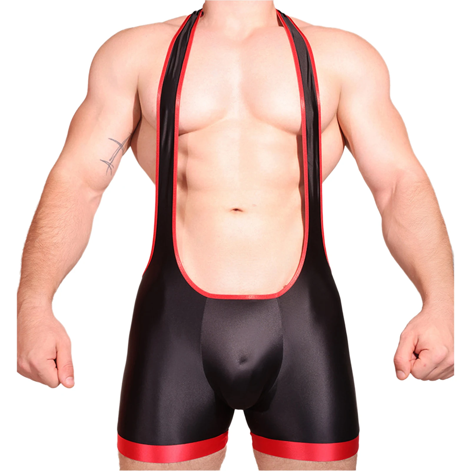 Men's Slim Bodysuit Deep U Neck Glossy Sleeveless I Back Bulge Pouch Contrast Color Stretchy Wrestling Gym Fitness