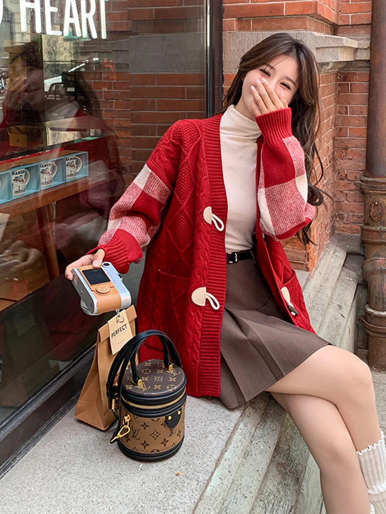 Roter Strickpullover mit Knöpfen für Damen, Frühling 2025, Sweet Sle College Wind Long Sve ort Länge, offene Strickjacke