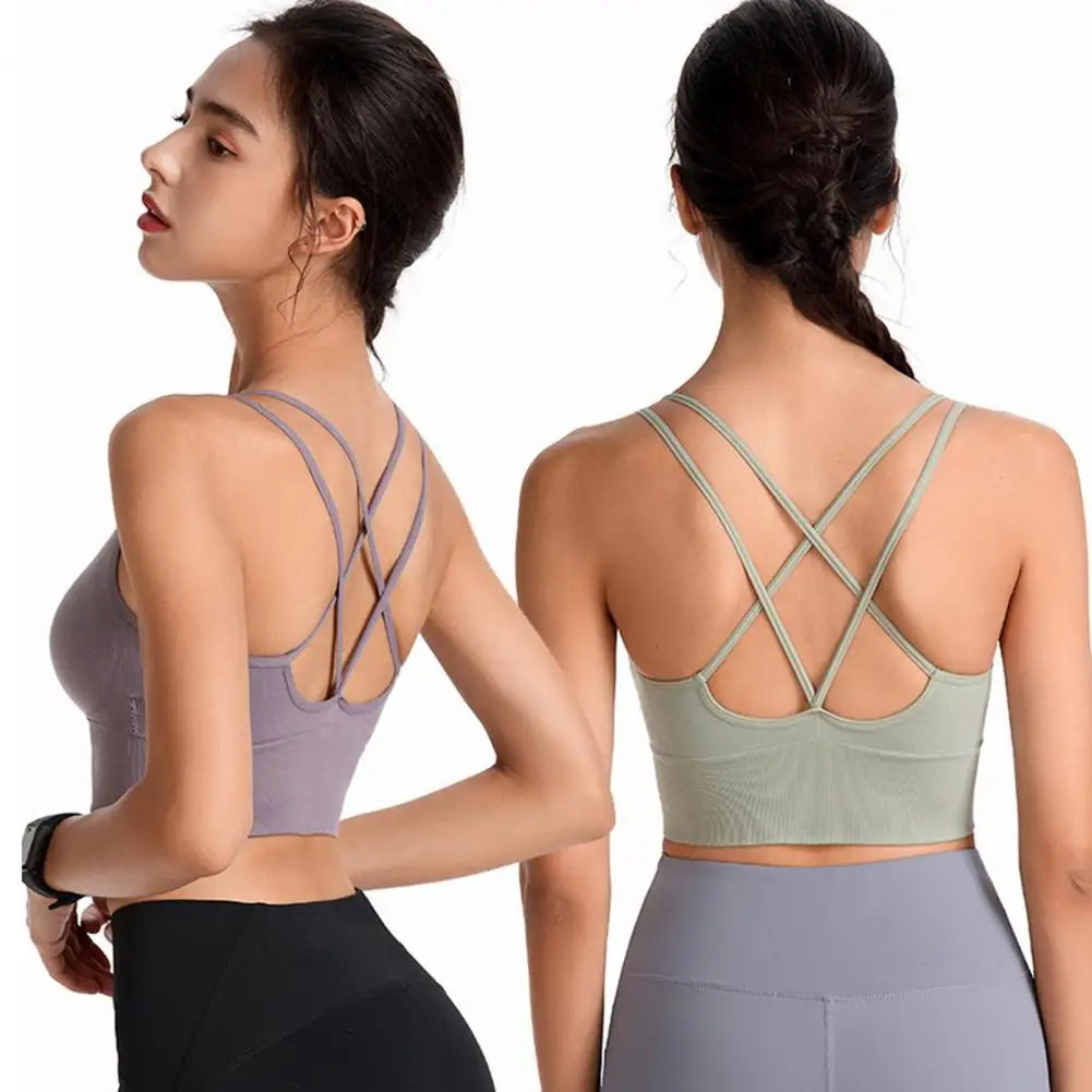 

Women Yoga Bra Solid Color Padded Cross Back Wireless Straps Sports Brassieres Shockproof Breast Protection Full Cup Brassieres