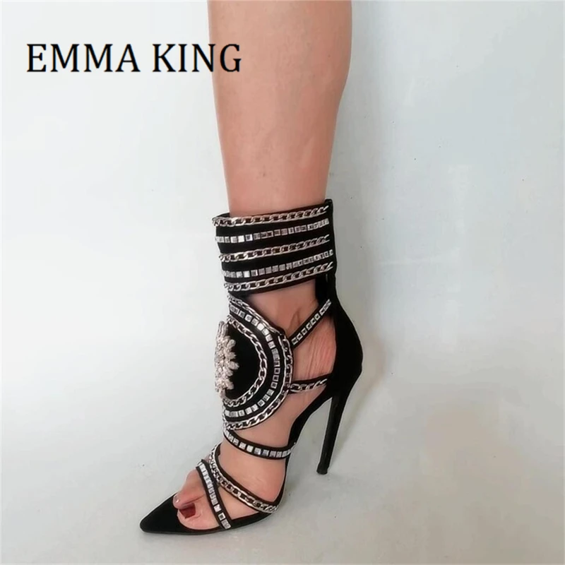 Summer Women Rhinestone High Heels Sandals Female Chain-trimmed Multi-straps Gladiator Sandals Sexy Open Pointy Toe Dress Shoes