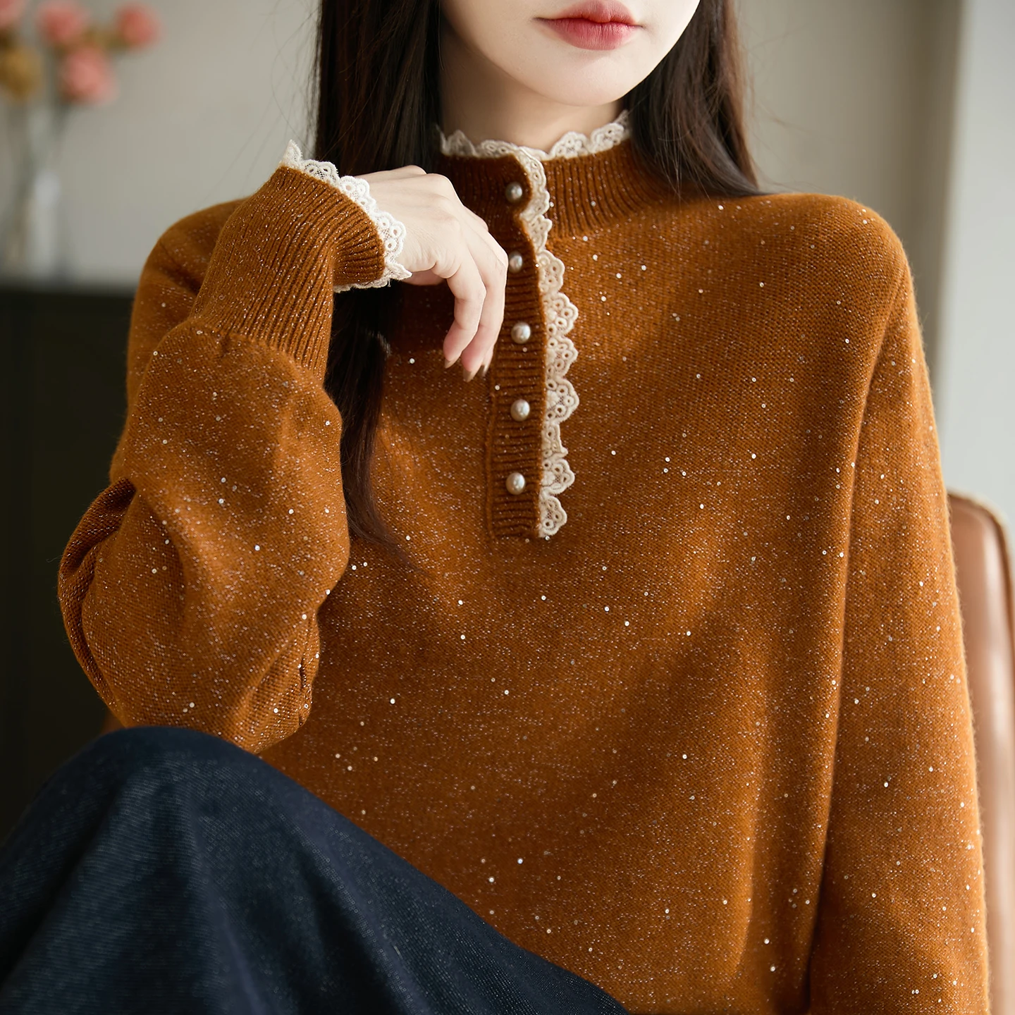 Women's Knitted Long Sve Loose Fit Sweater with Lace Trim Stand Collar f High Ne Casual Sle Autumn Winter Top