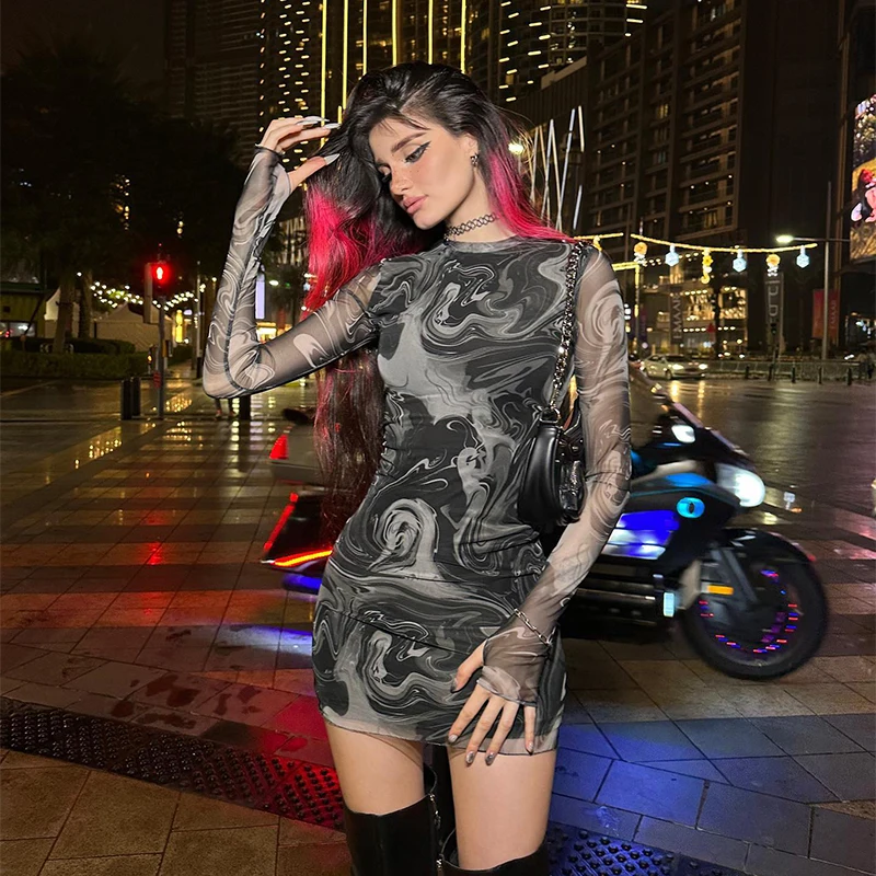 KKBEIER BR23H003 Mesh water ripple print with finger sleeve cloth inside perspective personalized buttock dress