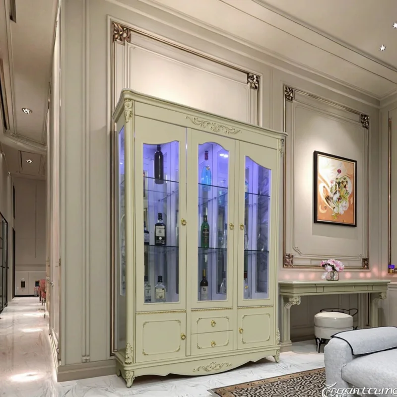custom.European-Style Modern 3-Door Tempered Glass Wine Cabinet Large Capacity Wooden Locker White Painted Living Room Decor
