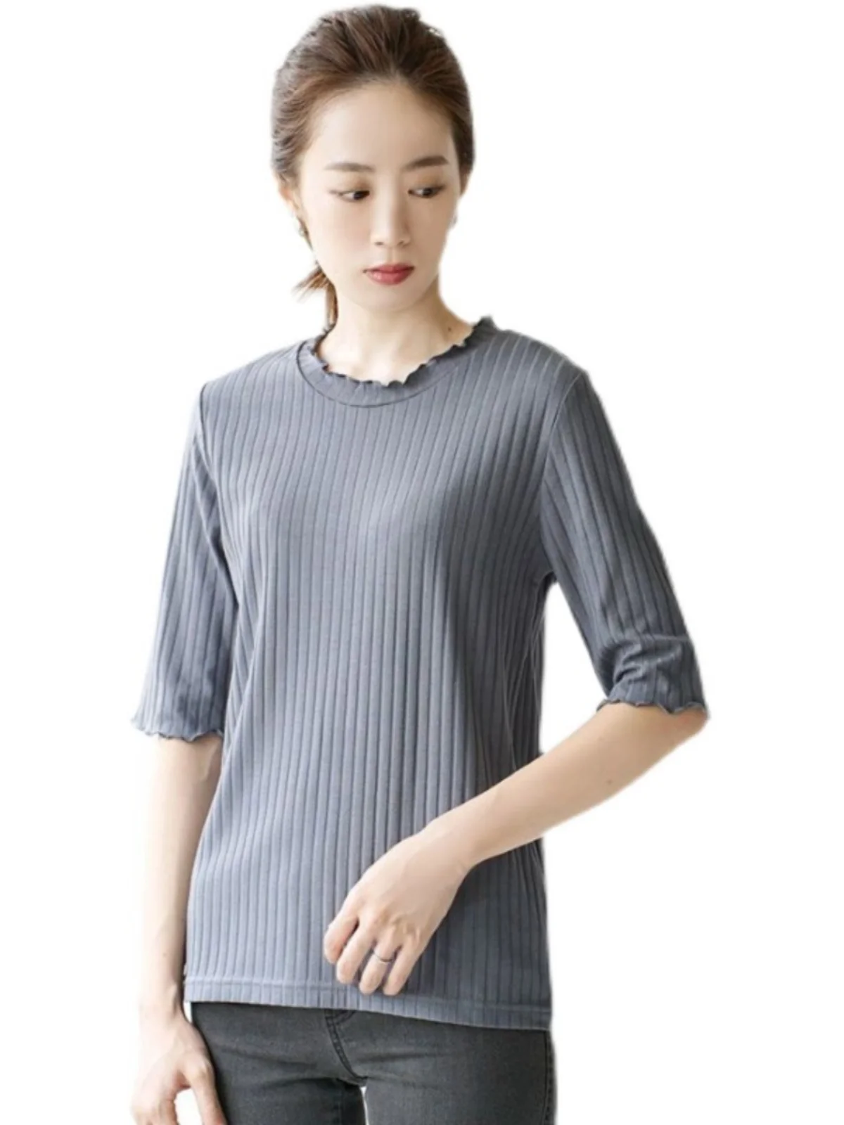 تي شيرت نسائي لربيع وصيف بقصة ضيقة ومطاطة مستديرة Ne ort Sve تي شيرت قاعدة irt ألوان متعددة الاستخدامات للتنقل عادي...