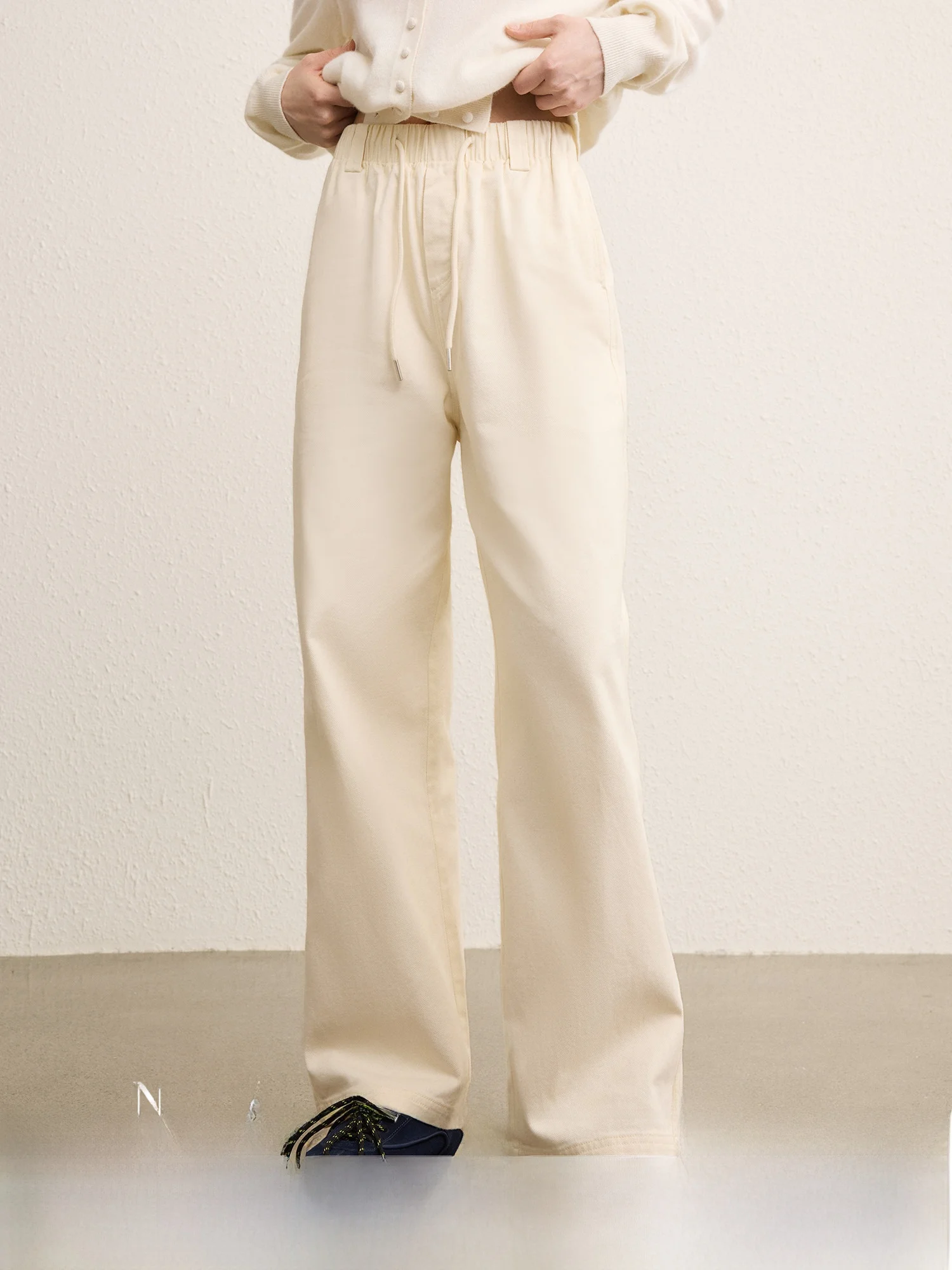 

100% Cotton Drawstring Waist Jeans Casual Commute Style Wide Leg Pants Women's Spring 2025 Straight Cut Long Trousers