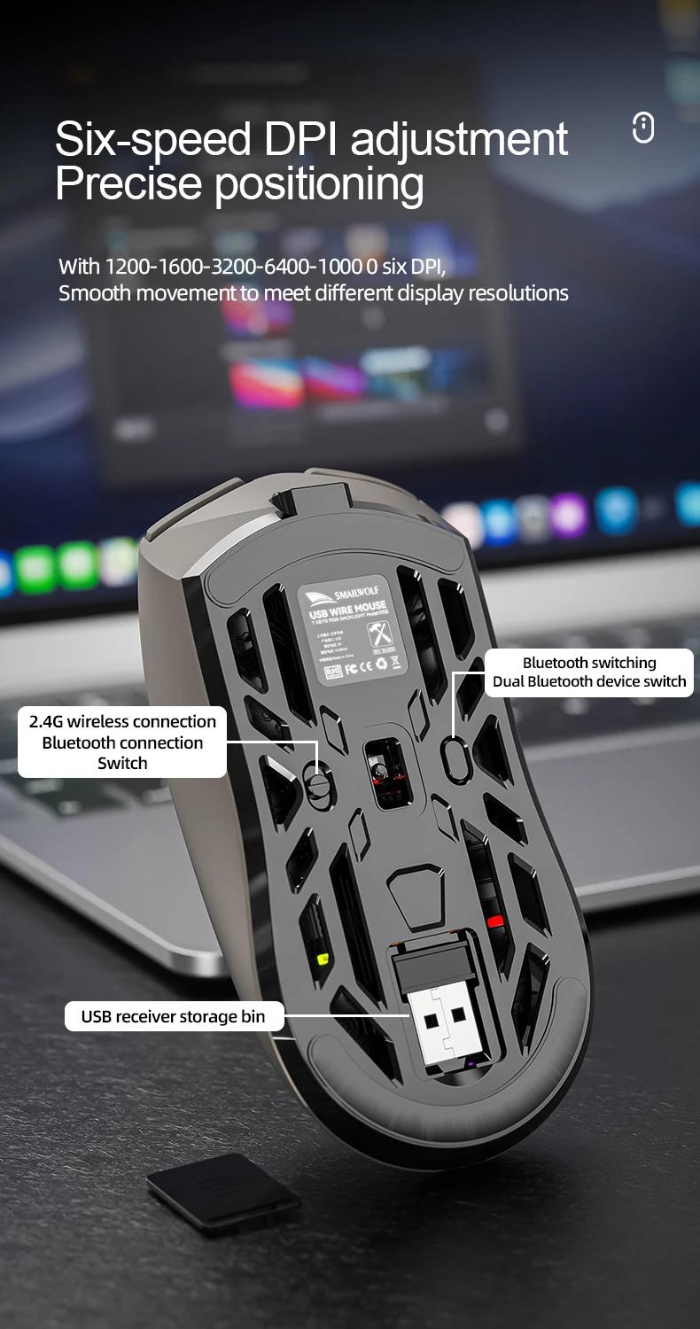SMAILWOLF RS8 Bluetooth Kabellose 2,4G Gaming-Maus Drei-Modus Leichtgewicht PAW3311 E-Sports-Spiel 1K Rücklaufrate 10000DPI Computer – Detail 9