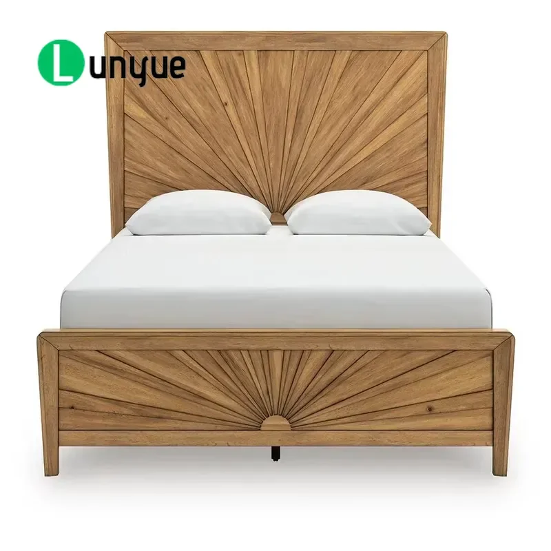 American Sun Pattern Solid Wood Bed Retro Natural Wood Double Bed for Master Bedroom Sturdy Frame Vintage Style Home