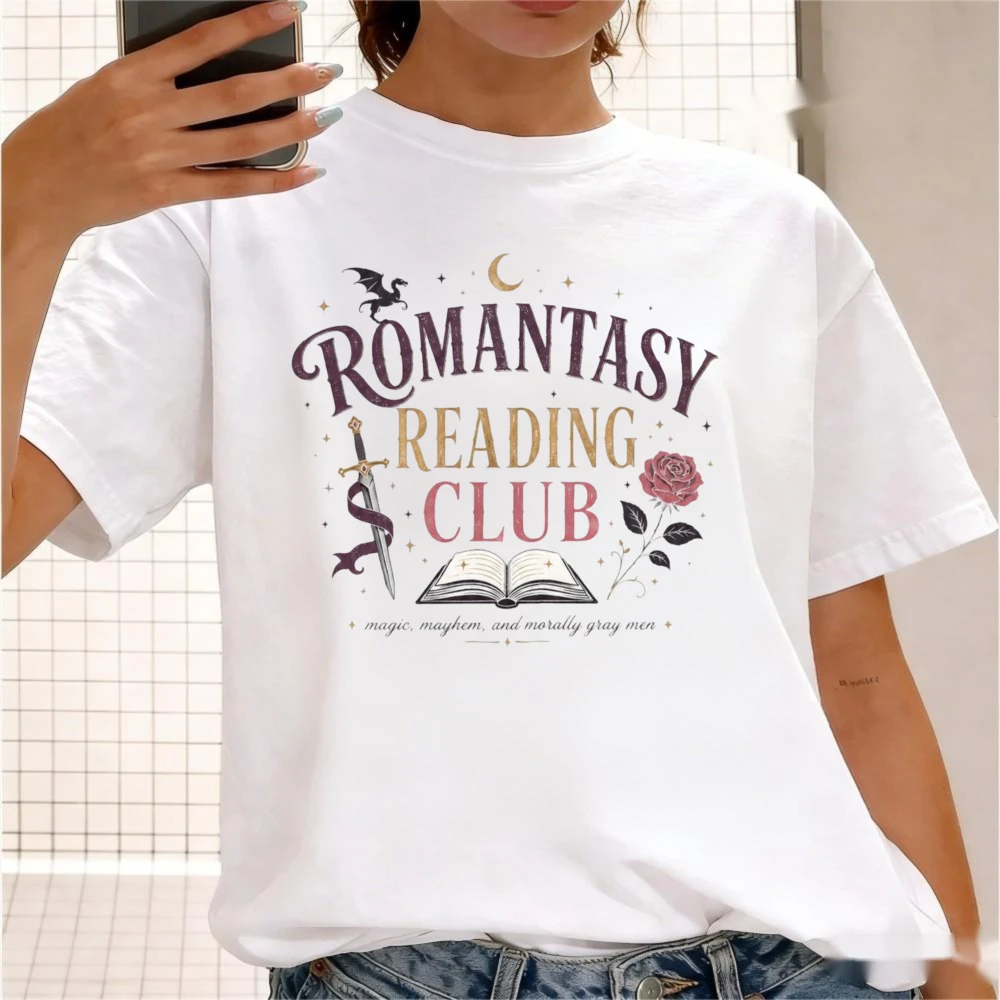 Ornate Fantasy Book Art T-Shirt Men Women Romantasy Reading Club Dragon Sword Rose Simple Moody Elegant Reader Short Sleeve Tee
