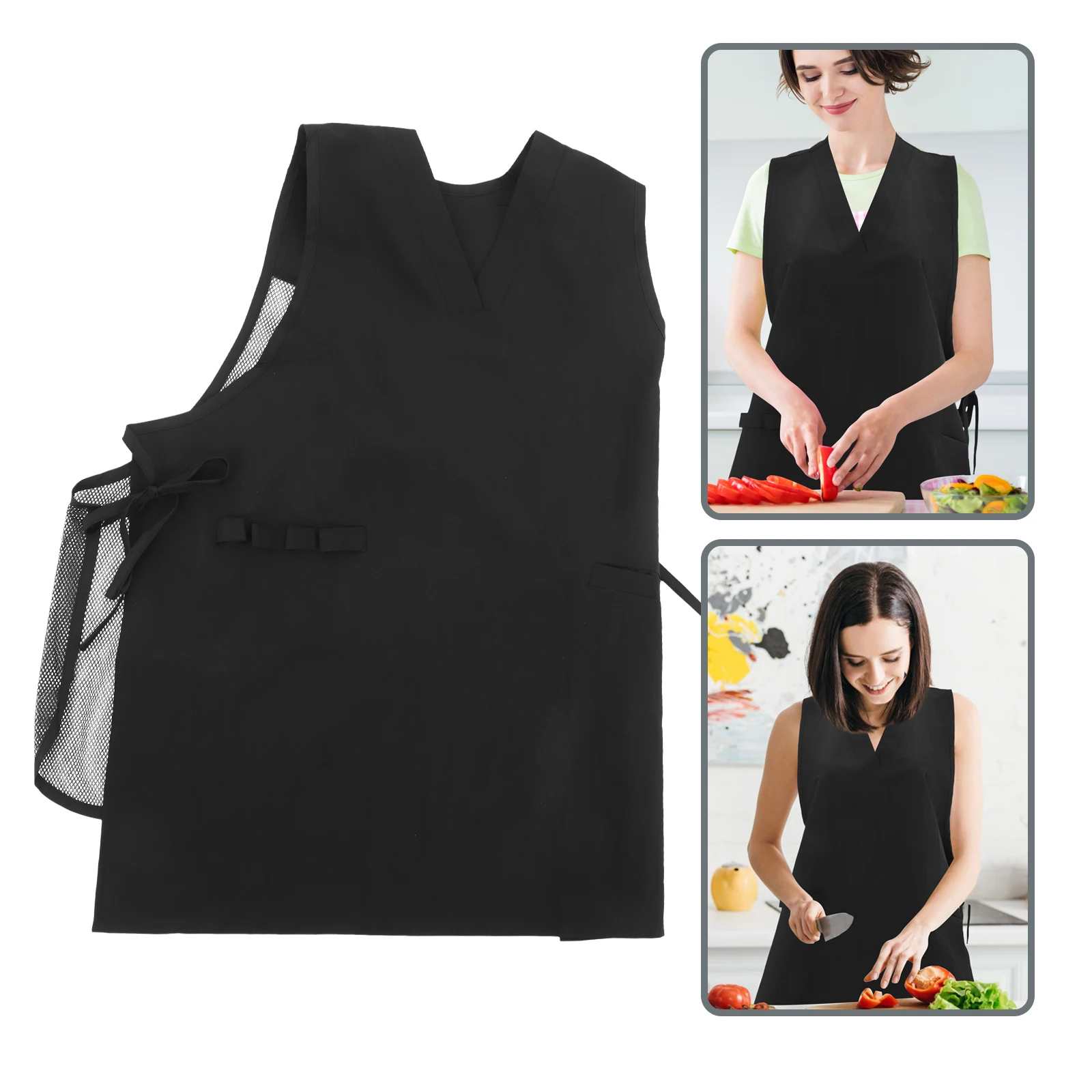 

V Neck Mesh Back Apron Sleeveless Hairdresser Apron For Salon Material With Pockets Professional Use Stylish Cooking