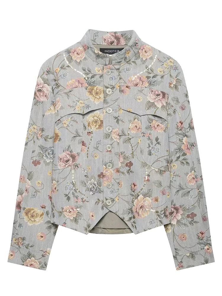 HH Fashion 2026 Women’s Floral Jacquard Blazer Autumn Long Sleeves Stand Collar Sequin Detail Female Elegant Lightweight Jacket