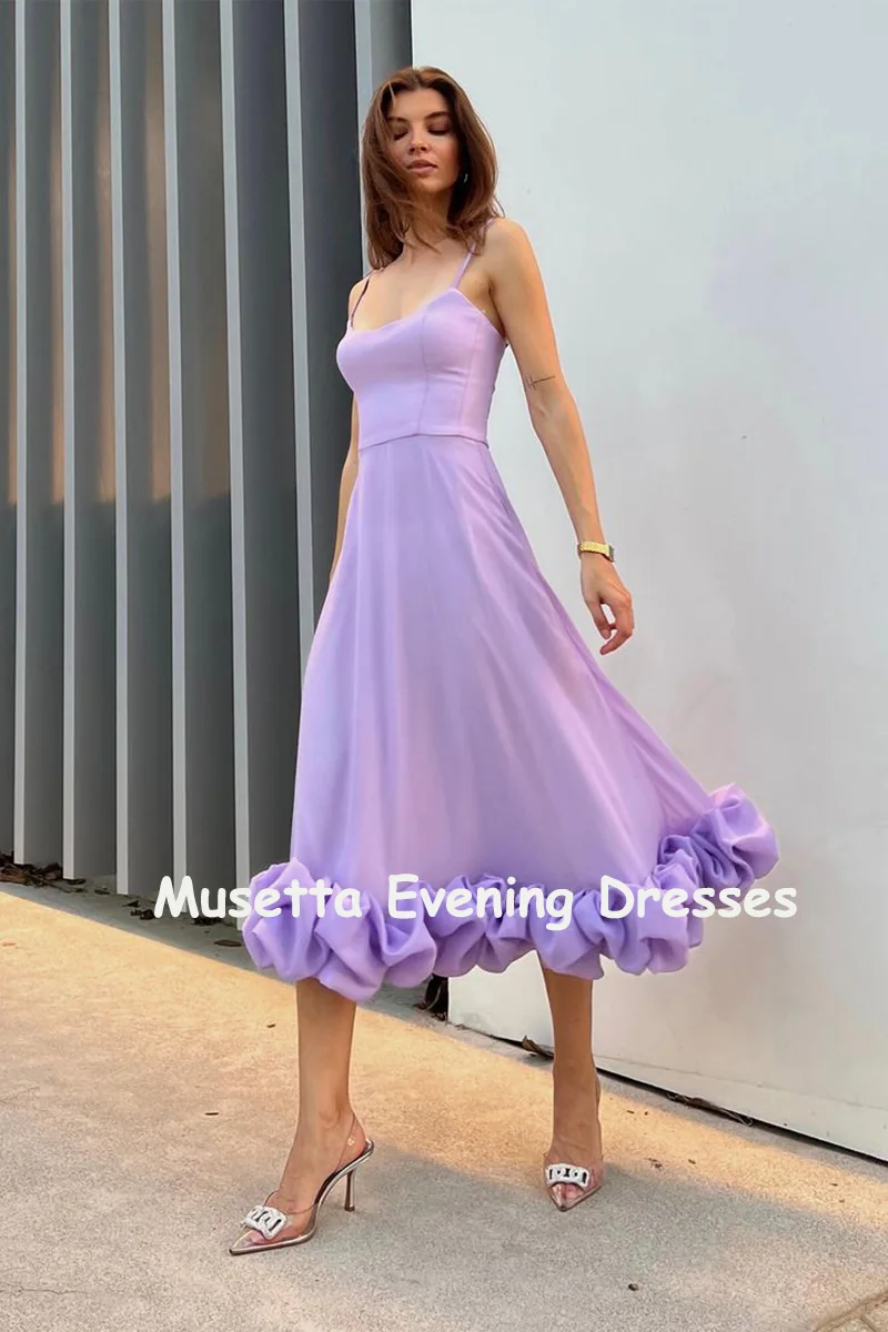 Musetta Flounce Spaghetti Straps Prom Dress, Praça Neck Ruffles, Tiered Party Gown, Backless Tea Length, Vestidos de casamento