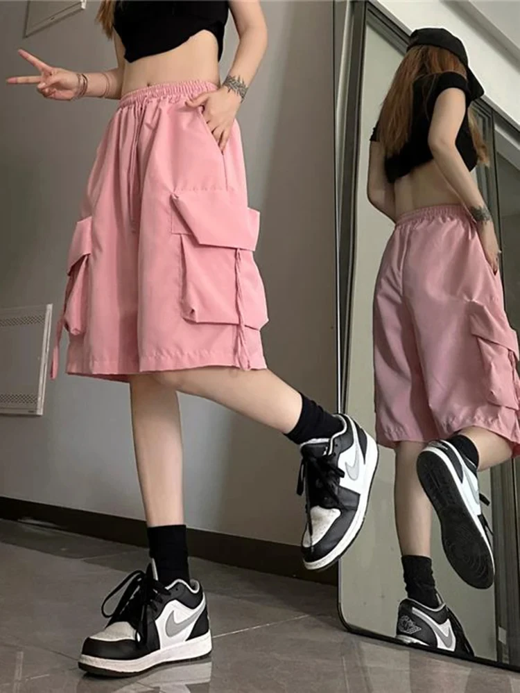 Y2K Summer Women Vintage Streetwear Korean Casual Shorts High Waist Knee Length Wide Leg Baggy Cargo Pockets Short Pants Clothes