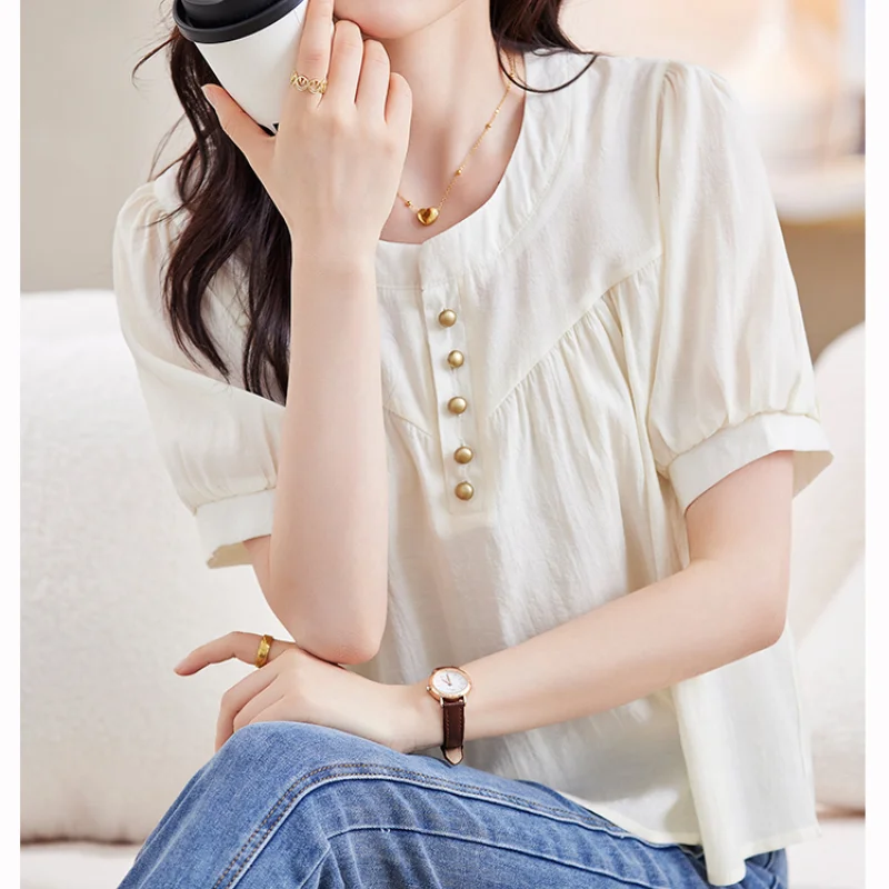 Summer Women\'s Solid Cream Neck Short Sleeve Loose Thin Classic Korean Pullers Button Fashion Casual All Match Commute Tops