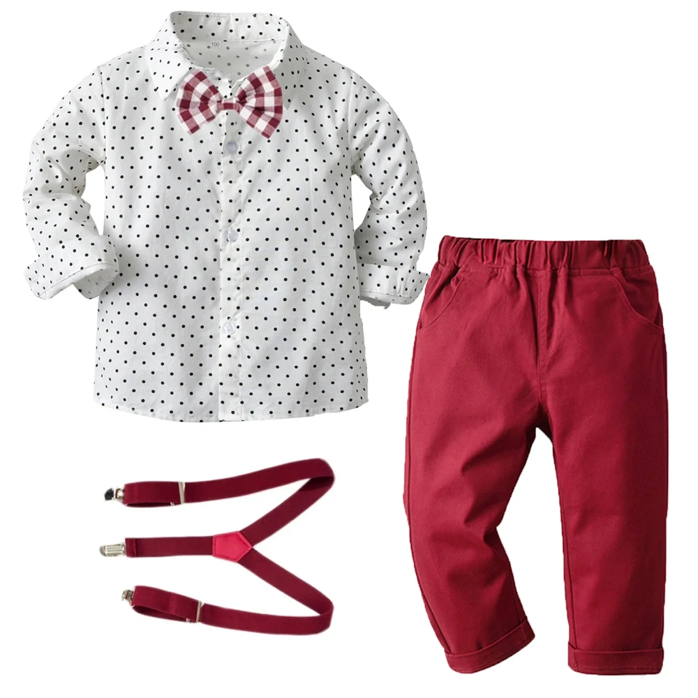 1-6Y Children\'s Outfit Clothing Baby Boy Dress Birthday Long Sleeve Dot Bow Shirts + Pant + Belt Infant Kid\'s Birthday Set Suit