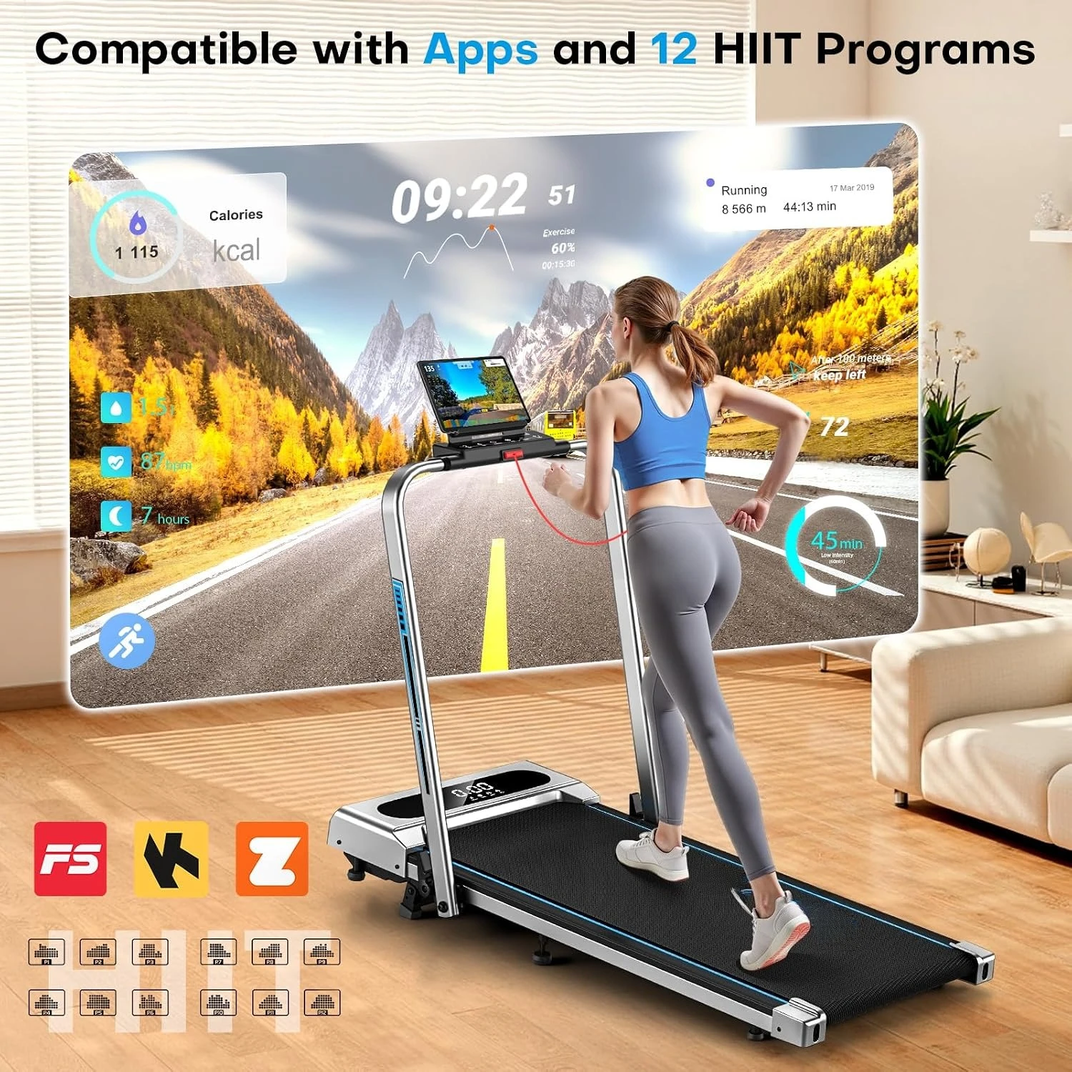 5-In-1 3.0HP Brushless Foldable Treadmill, Max 10% Incline, 7.5 MPH Top Speed, 12 HIIT Workout Modes, LED Display, APP & Remote Control, Max 400-LB Load