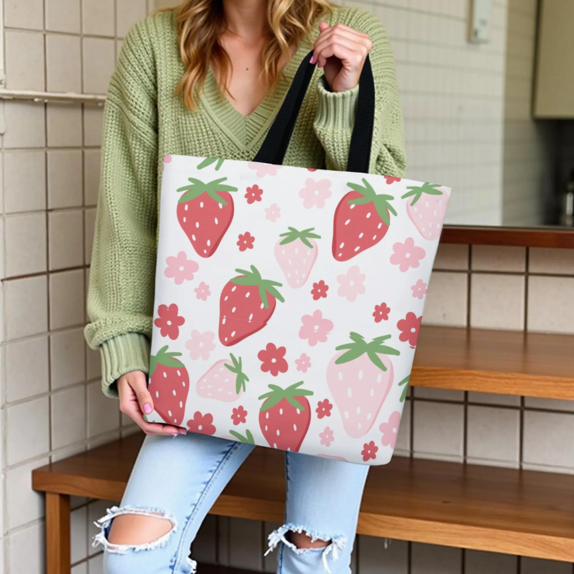 الفراولة الأزهار و Kawaii قماش المرأة حمل حقيبة الفاكهة زهرة موضوع حقيبة تسوق قابلة لإعادة الاستخدام مثالية للأغذية لطيف نمط المشجعين #2