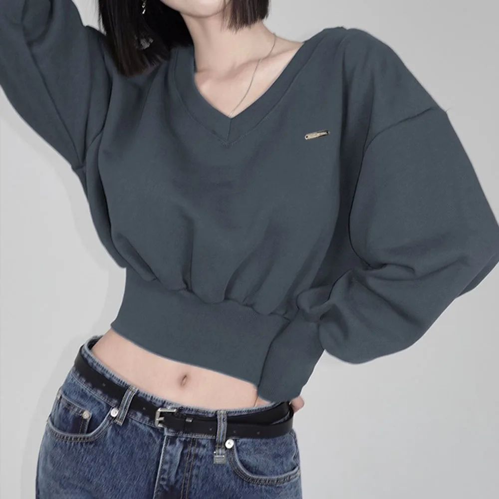 Women's Korean Style Elastic Waist Loose Short V-neck Sweatshirt Spring Autumn Simple Solid Color Pullover Female Casual Tops