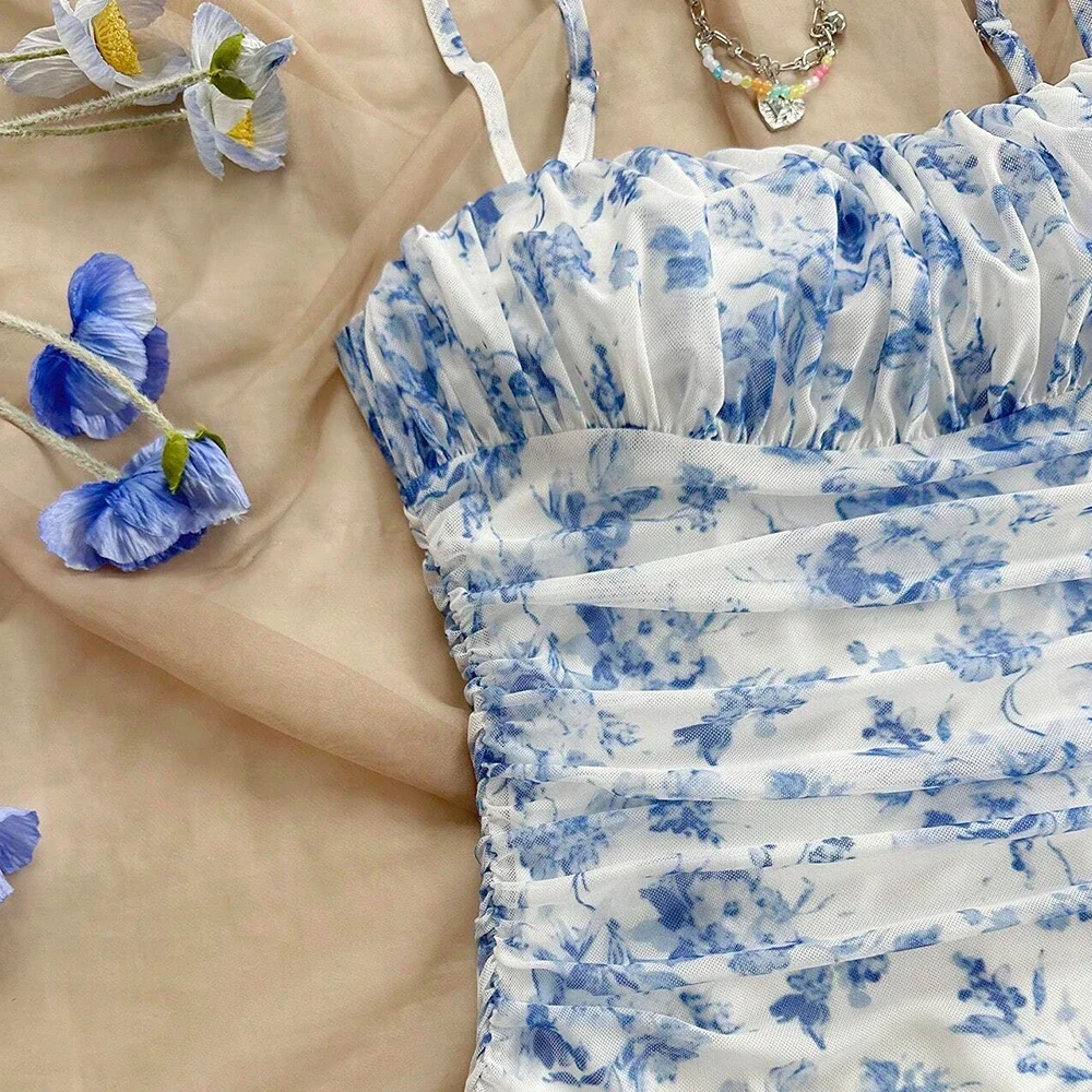 CPSYMYM Abiti estivi casual con stampa floreale senza maniche con scollo quadrato pieghe mini abiti cami giornalieri per le donne