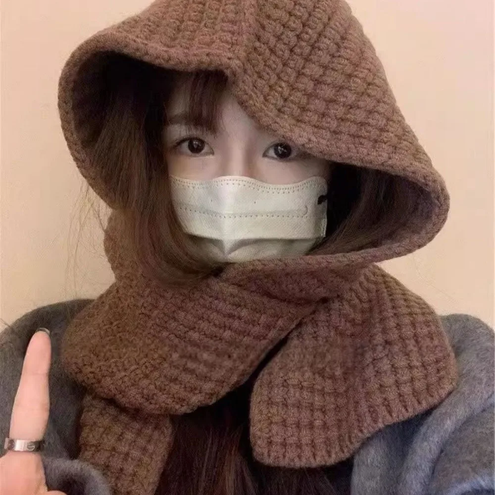 

Acrylic Fibres Knitted Hooded Caps Triangular Soft Neck Collar Beanies Caps Thickened Embossing Winter Neckerchief Hat Keep Warm