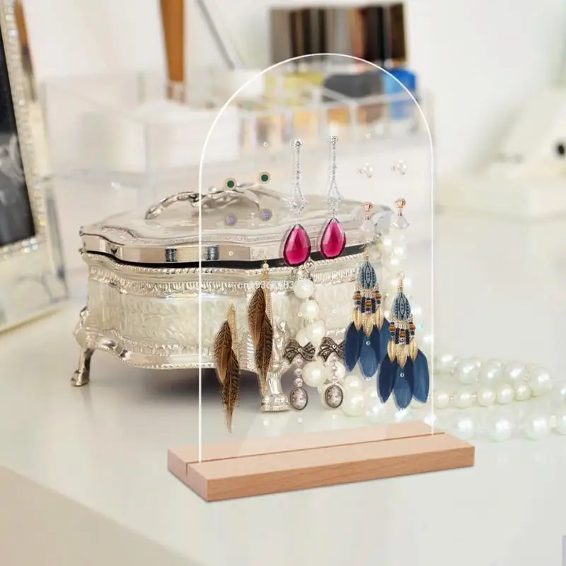 

Arched Acrylic Earring Holder Solid Hollow Acrylic Bracket Jewelry Retail Holder Jewelry Display Rack with Wooden Base Dropship