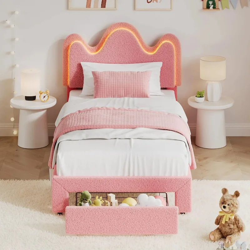 

Bed Frame for Kids, Upholstered Bed Platform With Petal Headboard, LED Lights & Drawer, No Box Spring Needed