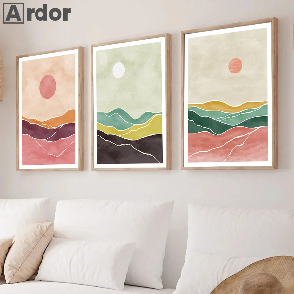 

Modern Abstract Natural Landscape Poster Sun Mountain River Scenery Wall Art Canvas Painting Nordic Print Pictures Bedroom Decor