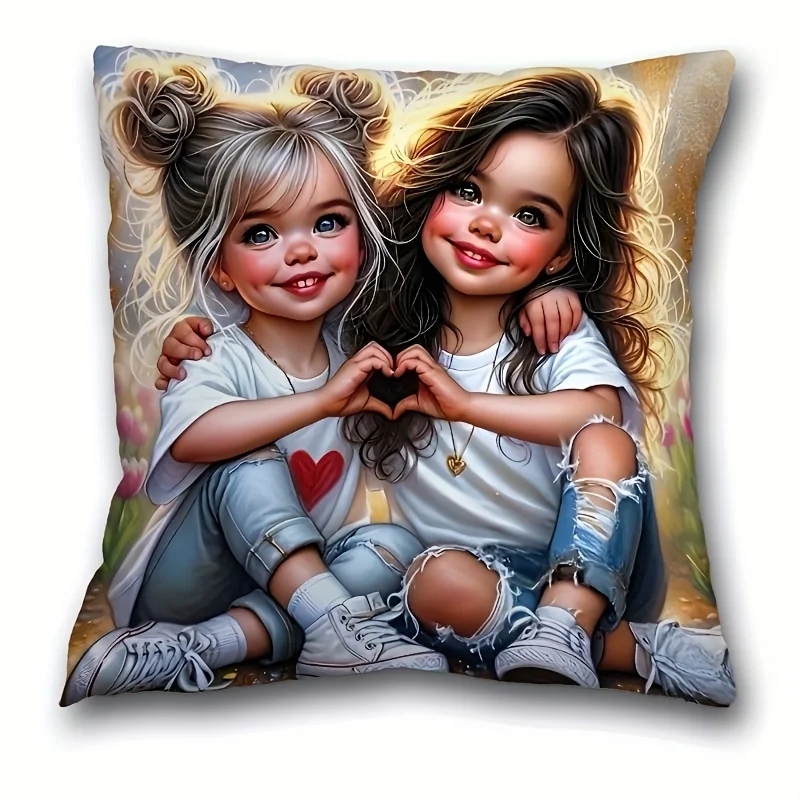 Cute Girls Pillow Case, Best Friends Heart Hand Cushion Cover, Kids Room Decor, Sweet Family Textile, Gift for Daughter