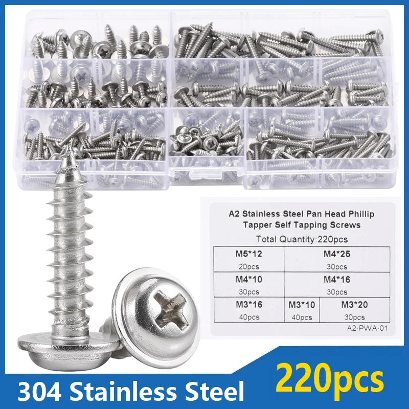 220pcs PWA Self-tapping Screw M3 M4 M5 304 Stainless Steel Cross Round Pan Head with Washer Collar Wood Screw set