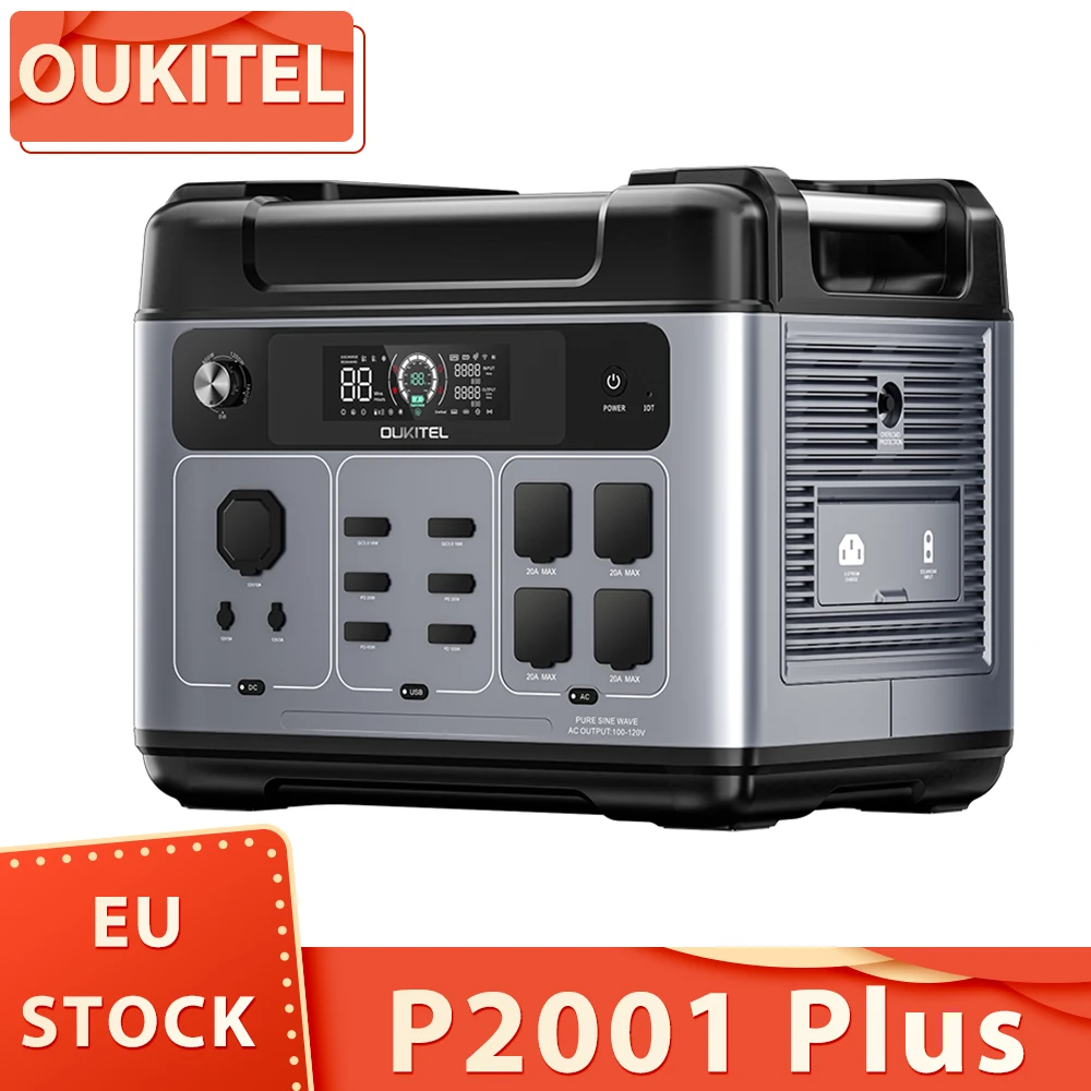 Oukitel P2001 Plus Tragbares Kraftwerk, 2400 W AC-Ausgang, 2048 Wh Lifepo4-Akku, 13 Steckdosen, 80 % Ladung in 1 Stunde, intelligente App-Steuerung